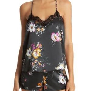 Black Floral Lace-Trim Satin Cami & Shorts Sleep Set